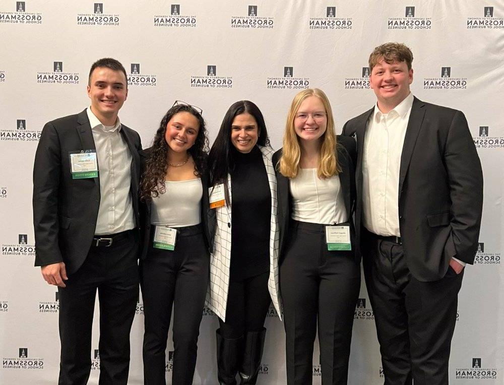 From left, Teddy Rounds, Abby Hoffman, team advisor Ana Gonzalez, Alina Ladewig and Justin Quinn pose for a photo at the Schlesinger Global Family Enterprise Case Competition at the University of Vermont.
